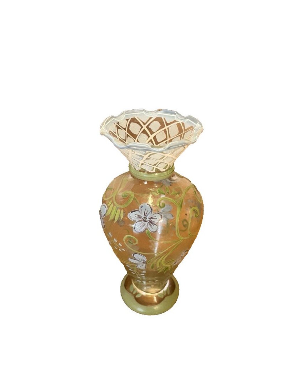 Tracy Porter Hand Painted Glass Blue Green Floral Bud Vase Ruffled Edges 6.5"